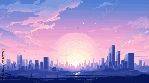Futuristic vector art of a bustling city at dawn with sleek architecture flying vehicles and a sense of innovation and progress in the air. simple minimalist illustration creative