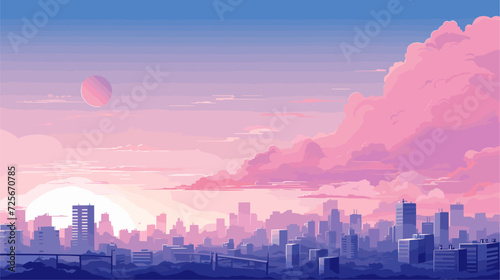 Futuristic vector art of a bustling city at dawn  with sleek architecture  flying vehicles  and a sense of innovation and progress in the air. simple minimalist illustration creative