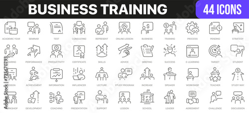 Business training line icons collection. UI icon set in a flat design. Excellent signed icon collection. Thin outline icons pack. Vector illustration EPS10