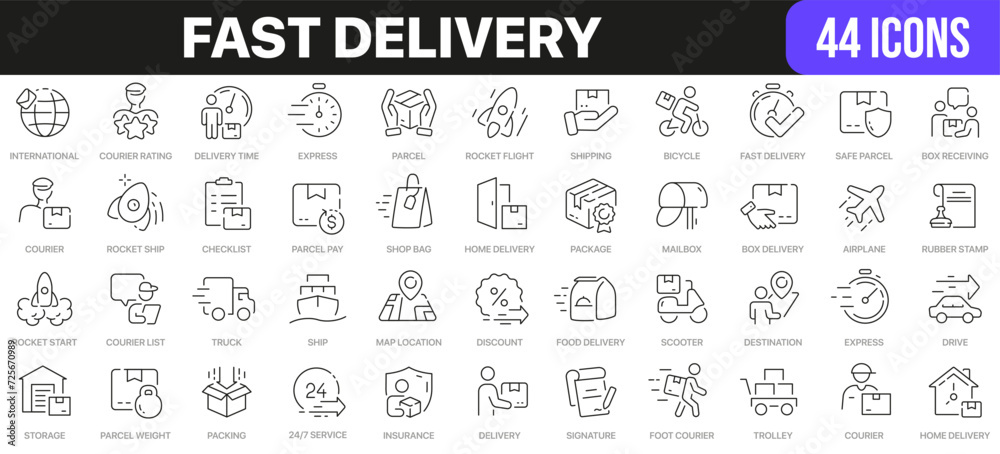 Fast delivery line icons collection. UI icon set in a flat design. Excellent signed icon collection. Thin outline icons pack. Vector illustration EPS10