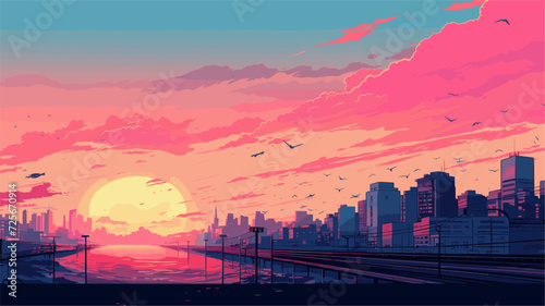 Futuristic vector art of a bustling city at dawn with sleek architecture flying vehicles and a sense of innovation and progress in the air. simple minimalist illustration creative