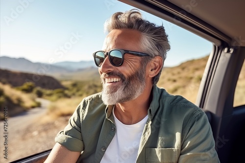 Portrait of happy senior man smiling while driving car in desert.