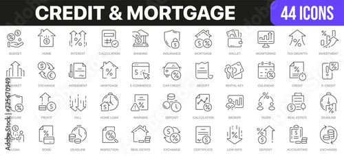 Credit and mortgage line icons collection. UI icon set in a flat design. Excellent signed icon collection. Thin outline icons pack. Vector illustration EPS10