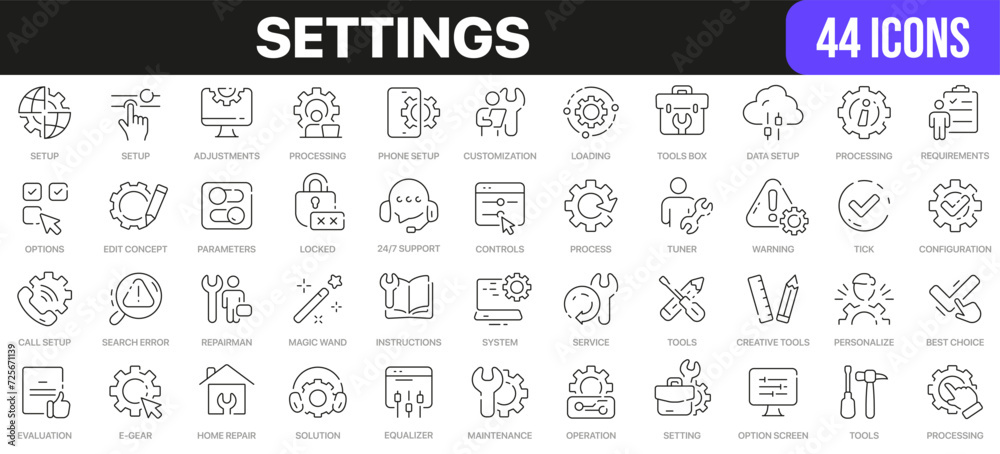 Settings line icons collection. UI icon set in a flat design. Excellent signed icon collection. Thin outline icons pack. Vector illustration EPS10