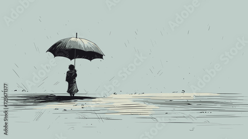 Vector illustration of a weathered and torn umbrella in the rain  conveying the vulnerability and exposure to harsh conditions in poverty. simple minimalist illustration creative