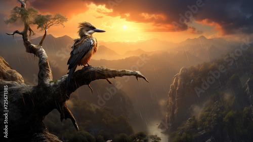 epic inspired medieval kingfisher sitting on a tree and enjoying the sunset