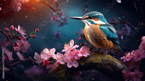 asian inspired kingfisher artwork, cherry tree wallpaper © Sternfahrer