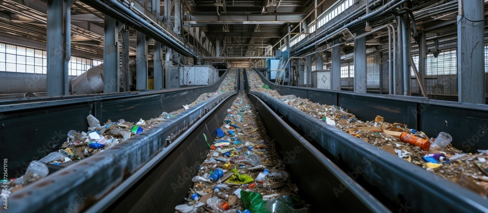 Conveyors in waste sorting plant filled with diverse household waste, employing contemporary waste processing.