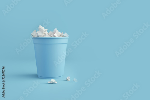 Blue trash bin on blue background, 3d render illustration minimal style with copy space.