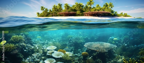 Tropical island with clear sea and beautiful coral reefs