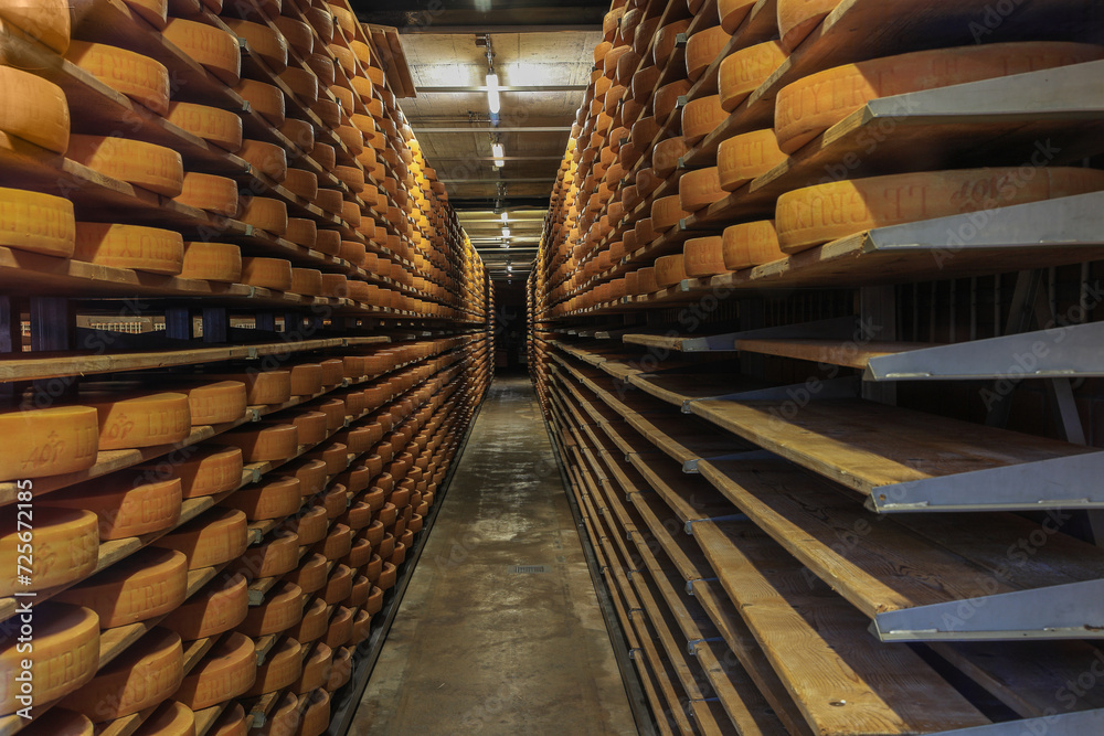 Gruyeres, Switzerland January 27, 2021 Cheese shelves with aging