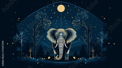 Vector background featuring a mythical elephant spirit in a serene forest  with symbolic patterns and natural elements representing the wisdom and strength of these revered beings. simple minimalist