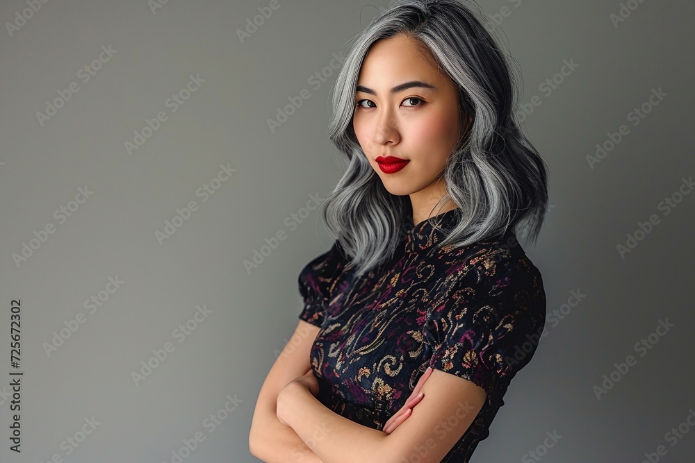 a woman with grey hair and red lipstick