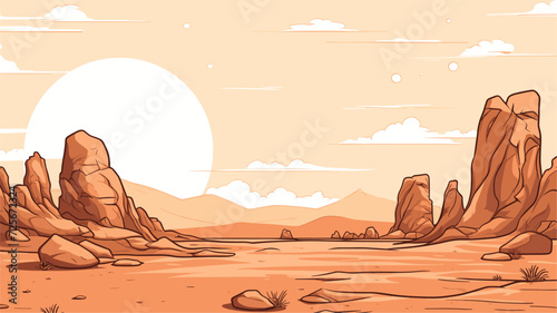 Vector art of an alien desert landscape  with bizarre rock formations and an eerie sky  capturing the mystique of unexplored extraterrestrial terrains. simple minimalist illustration creative