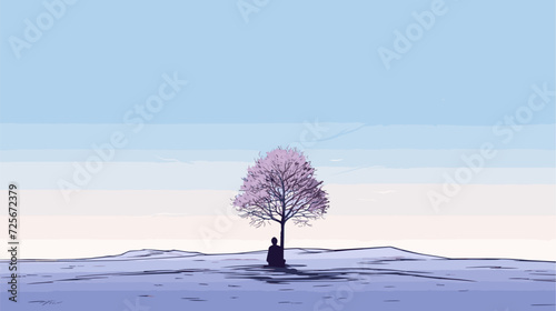 Minimalistic vector art representing solitude and introspection  featuring a lone figure in a serene landscape  evoking a sense of quiet contemplation. simple minimalist illustration creative