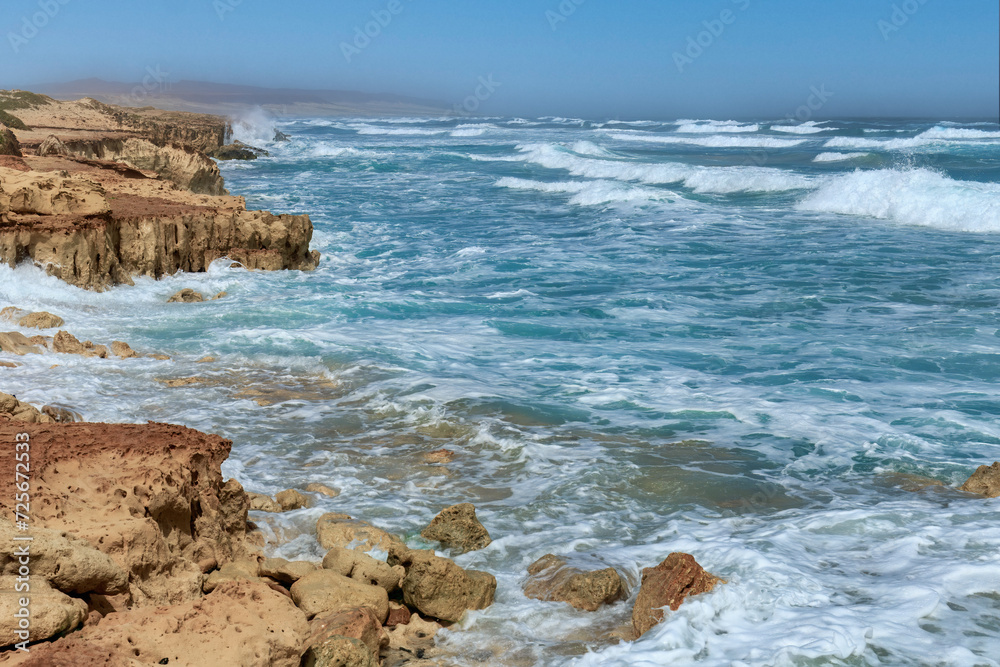  Wild coast of Boa Vista island : waves crashing on rocks. Cape Verde.