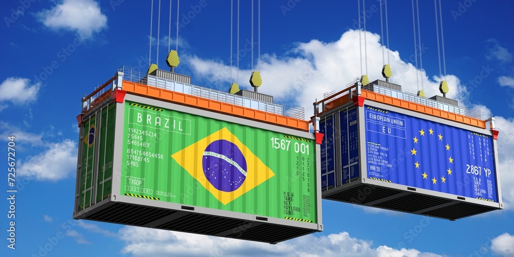 Shipping containers with flags of Brazil and European Union - 3D illustration