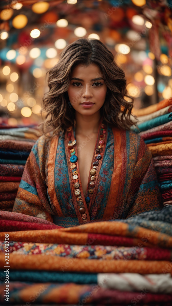 Portrait of a young beautiful girl against a background of bright handmade fabrics.