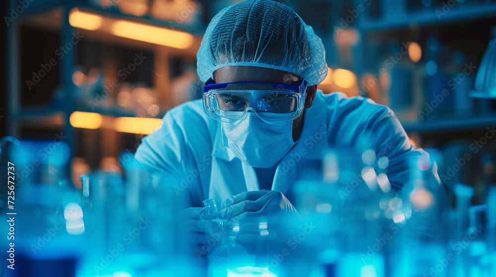Cutting-Edge Biomedical Exploration: Scientist with Test Tubes and DNA Sequencing Cutting-Edge Biomedical Exploration: Scientist with Test Tubes and DNA Sequencing