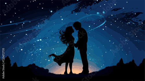 Vector illustration of a couple's silhouette sharing a kiss under a starry sky  portraying the enchantment and magic of romantic moments. simple minimalist illustration creative