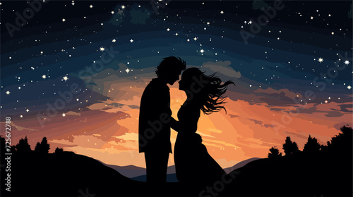 Vector illustration of a couple's silhouette sharing a kiss under a starry sky  portraying the enchantment and magic of romantic moments. simple minimalist illustration creative