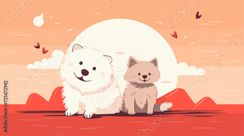 Heartwarming vector art background featuring adorable and cuddly pets in playful and endearing scenes  capturing the essence of companionship and joy. simple minimalist illustration creative