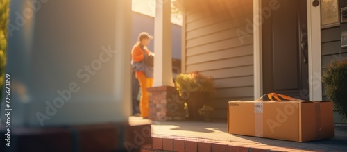Food delivery man passes packages to customers in front of house door in morning photo