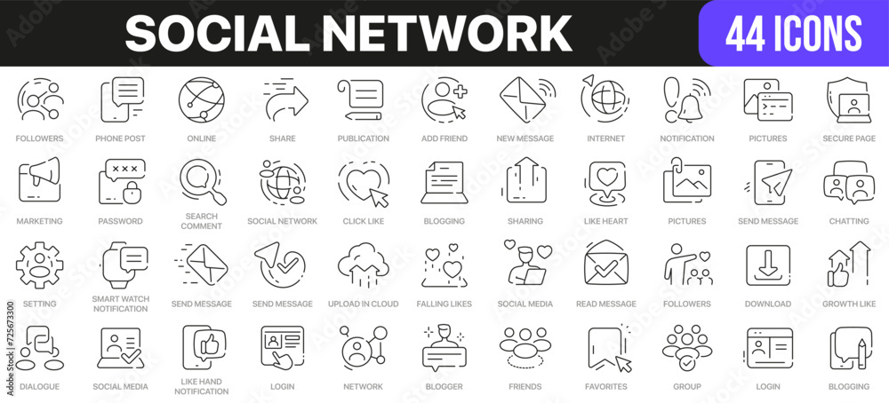 Social network line icons collection. UI icon set in a flat design. Excellent signed icon collection. Thin outline icons pack. Vector illustration EPS10