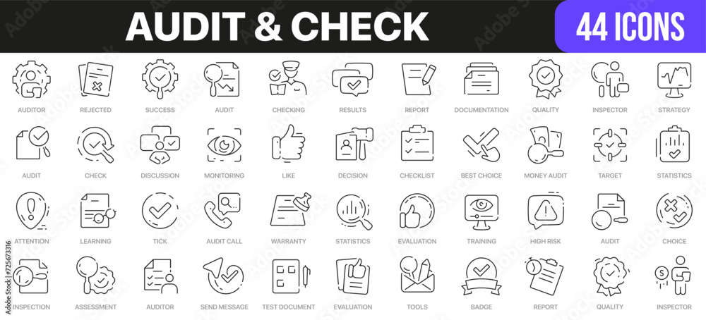 Audit and check line icons collection. UI icon set in a flat design. Excellent signed icon collection. Thin outline icons pack. Vector illustration EPS10