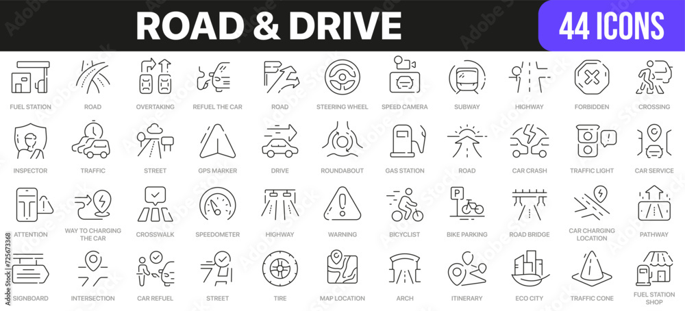 Road and drive line icons collection. UI icon set in a flat design. Excellent signed icon collection. Thin outline icons pack. Vector illustration EPS10