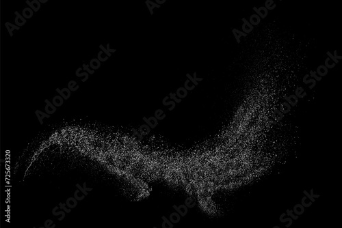 White grainy texture. Abstract dust overlay. Grain noise. White explosion on black background. Splash light realistic effect. Vector illustration. 