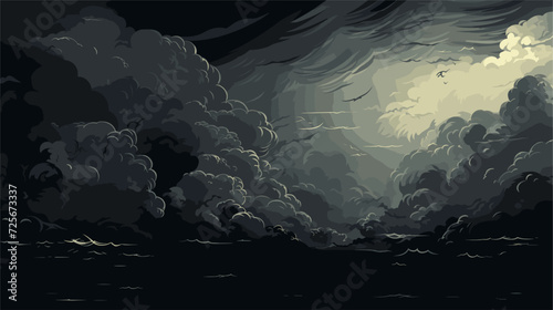 Moody vector scene with stormy clouds and turbulent seas  reflecting the tumultuous nature of emotions  conveying inner turmoil through dark and expressive elements. simple minimalist illustration photo