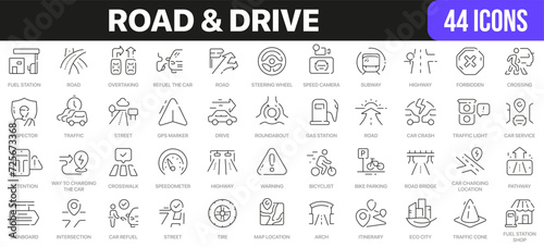 Road and drive line icons collection. UI icon set in a flat design. Excellent signed icon collection. Thin outline icons pack. Vector illustration EPS10