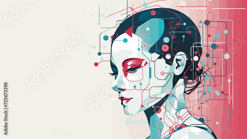 Futuristic vector scene of an AI-powered android  surrounded by abstract elements representing the intelligence and adaptability of artificial beings in a tech-driven world. simple minimalist
