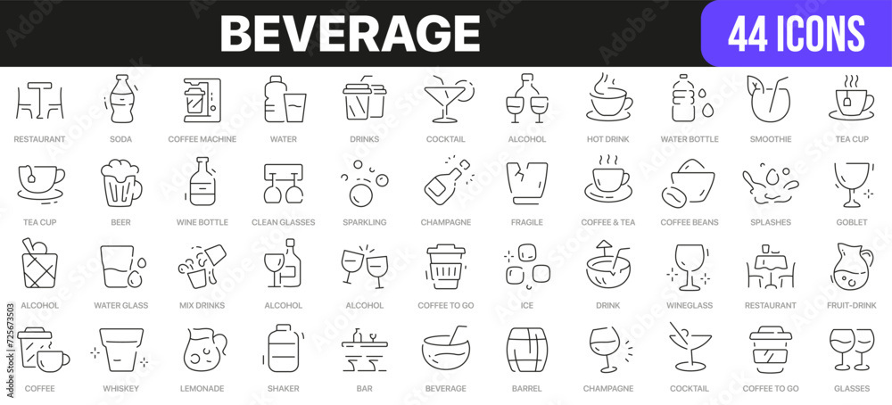 Beverage line icons collection. UI icon set in a flat design. Excellent signed icon collection. Thin outline icons pack. Vector illustration EPS10