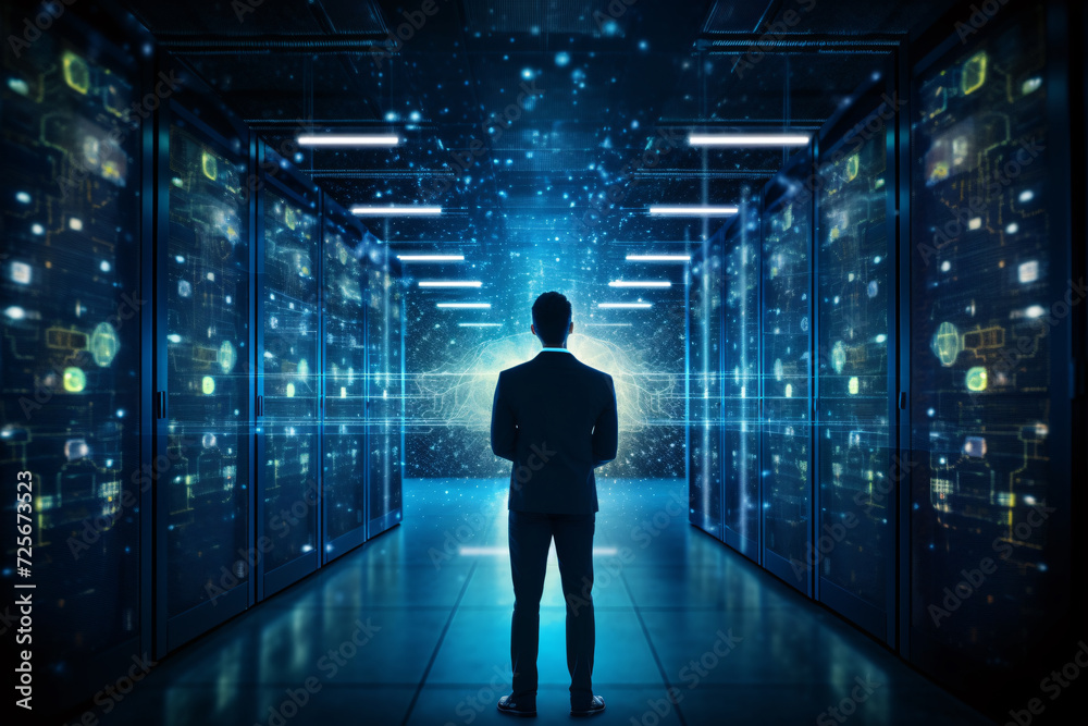 Cloud service engineer standing in front of a digital technology data center in server room. Cloud service engineer standing in front of a digital technology data center in server room.