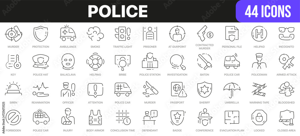 Police line icons collection. UI icon set in a flat design. Excellent signed icon collection. Thin outline icons pack. Vector illustration EPS10
