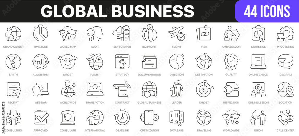 Global business line icons collection. UI icon set in a flat design. Excellent signed icon collection. Thin outline icons pack. Vector illustration EPS10 Global business line icons collection. UI icon set in a flat design. Excellent signed icon collection. Thin outline icons pack. Vector illustration EPS10
