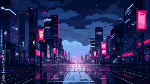 Nighttime city vector background capturing the illuminated charm of bustling streets  with reflections of city lights in wet pavements. simple minimalist illustration creative