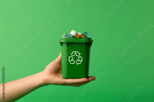 Hand holding recycling rubbish bin. Concept of environmental protection