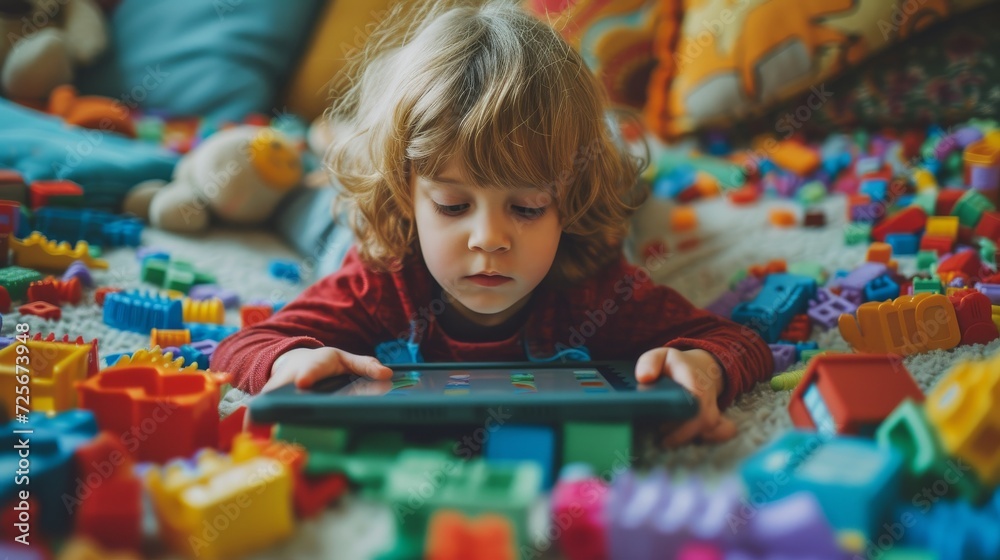 Fototapeta premium A white kid focus in screen, ADHD, addicted to a tablet ignoring the toys around them, Generative AI 