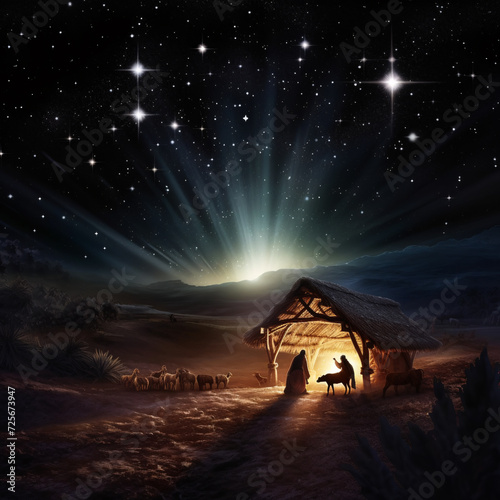A nativity scene of Christ s birth on a starry night.