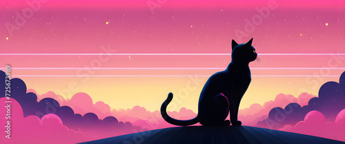 A black cat sits in silhouette against a vibrant backdrop of a sunset  mountains  and a starry sky synthwave style