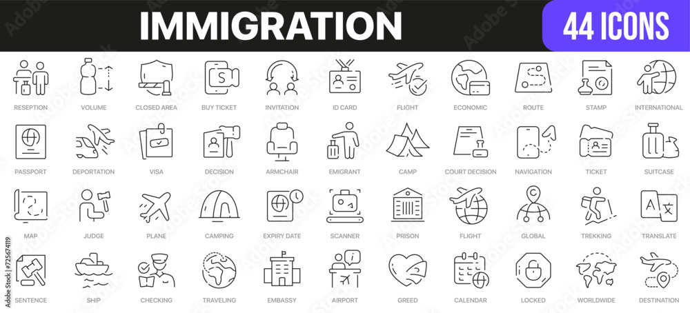 Immigration line icons collection. UI icon set in a flat design. Excellent signed icon collection. Thin outline icons pack. Vector illustration EPS10