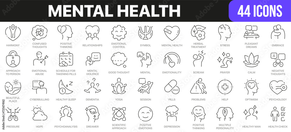 Mental health line icons collection. UI icon set in a flat design. Excellent signed icon collection. Thin outline icons pack. Vector illustration EPS10