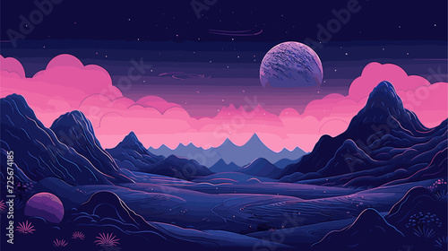 Surreal vector illustration depicting an otherworldly landscape on an alien planet with exotic flora and fauna against a cosmic backdrop. simple minimalist illustration creative