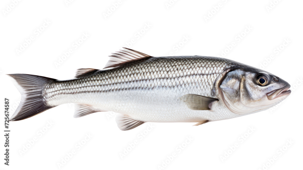 One fresh sea bass fish isolated on transparent and white background.PNG image