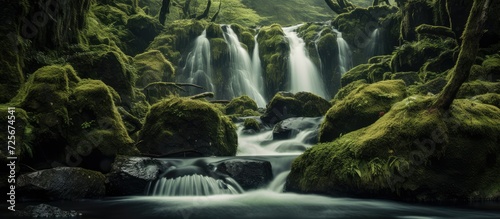 Waterfalls in rivers flowing gently from mossy rocky hills