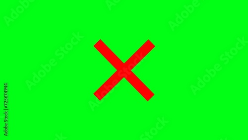 Animation in motion graphics of red cross mark symbol. Cross sign symbolizing wrong or false in animated motion Graphics, with black and green screen background. photo