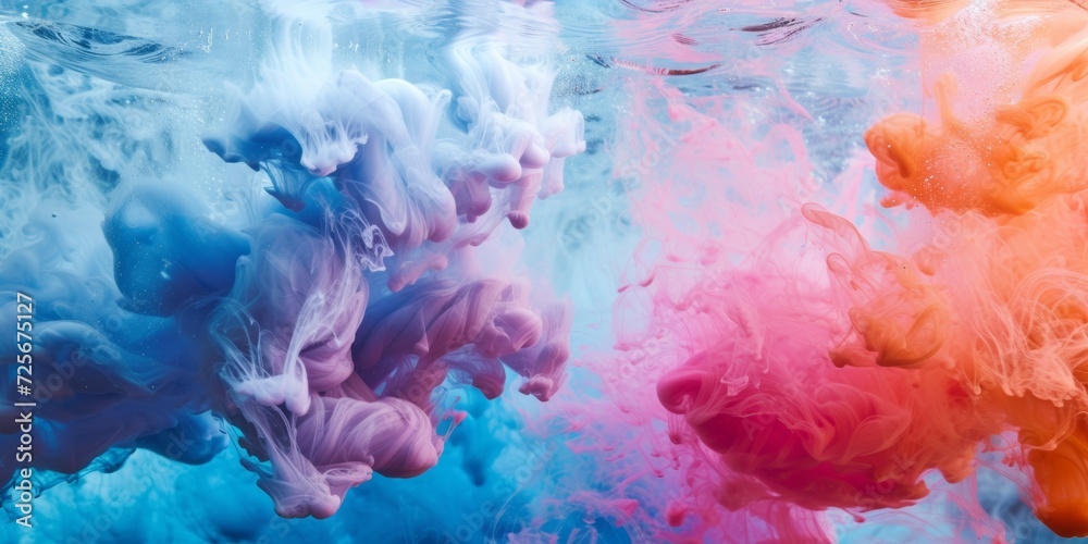 Submerged ink clouds, with billowing, colorful ink patterns dispersing in water, creating an ethereal underwater scene